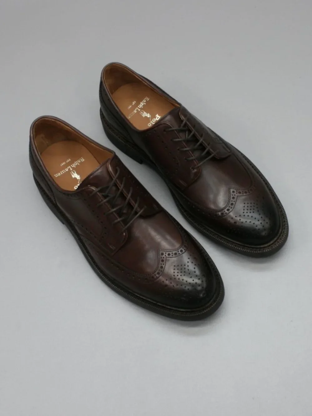 Polo Ralph Lauren Men's 9.5 Asher Wingtips Brown Calf Leather Oxford Dress Shoes